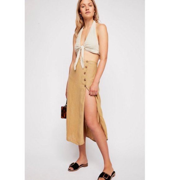 Free People Dresses & Skirts - Free People Roman Holiday Midi Skirt Tan Linen 0